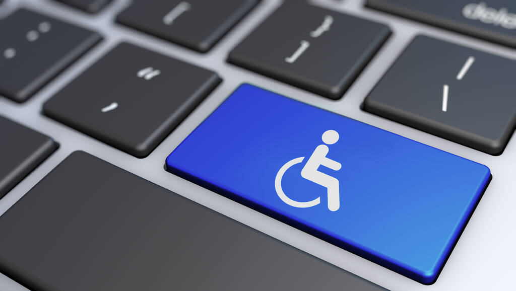 Image of a computer keyboard with a blue computer key displaying the International Symbol of Accessibility--a person-in-a-wheelchair logo.